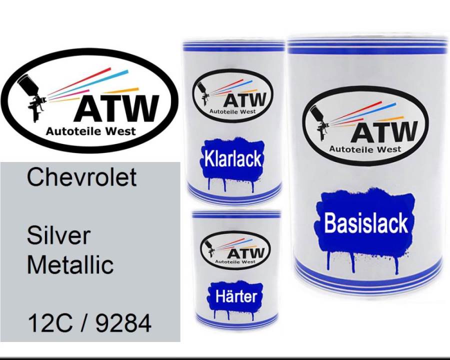 Chevrolet, Silver Metallic, 12C / 9284: 500ml Lackdose + 500ml Klarlack + 250ml Härter - Set, von ATW Autoteile West.